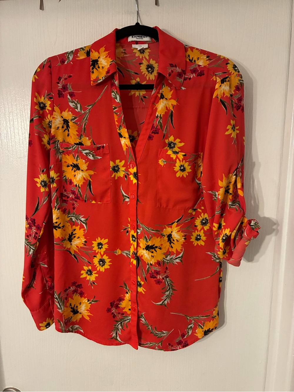 Express M Red Button-Front Collar Floral Blouse with Yellow Sun Flowers - Picture 2 of 4